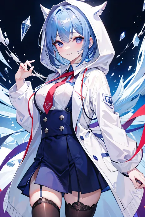 Blue hair bob、White ribbon、 light purple saggy eyes 、Lashes are dry 、D Cup、 white shirt、 red tie 、 hooded black long coat、 black long skirt 、Black tights、 brown loafers、smile、magic、crystallization