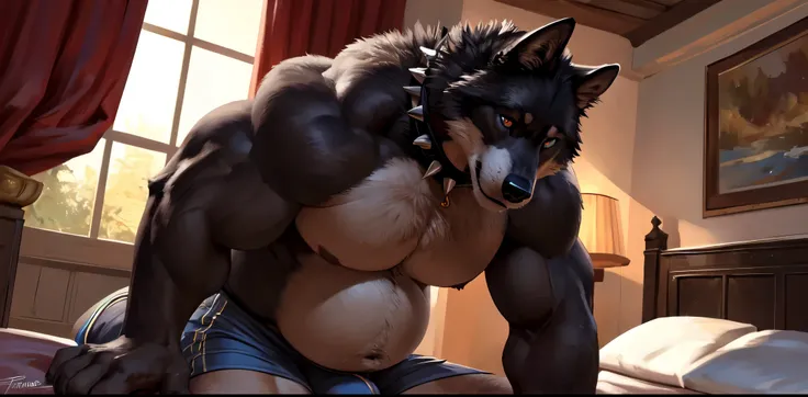 (by feralise, by taran fiddler) male, anthro black wolf, resting on bed (laying looking up), laying face up (torso facing up against bed)(characters back laying on bed surface), wearing spiked collar, athletic body ((correct anatomy:1.3)), abs (abs on roun...