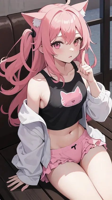 Anime girl show his panties, long pink hair, crop-top, sweet, sit down, cat ear pink