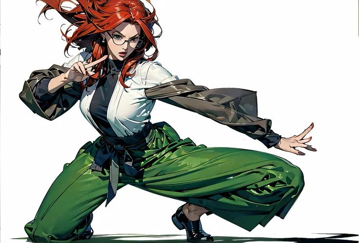 nijistyle, Cowboy shot of beautiful woman, Long red Hair, Heroic, Glowing green eyes, fight pose, fighting pose, martial art pose, fighter pose, dynamic perspective pose, dramatic imposing pose, serpentine pose gesture, heroic kicking pose, dynamic pose pe...