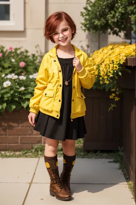 Masterpiece, best quality, ultra detailed, !(beautiful chubby girl smiling), !(She is a young girl, tween, 12yo, with flat chest, small stature, rounded glasses, short haircut, red hair, cute)
, !(She wears (long socks, and a yellow jacket), covering a Lon...