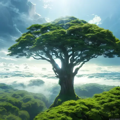 Best Quality,masterpiece, fantasy,world tree,Somei-Yoshino,Hazakura ,(The total length is 100 meters:1.5),(Piercing through the clouds:1.5),Sunlight shines through leaves,Peering from below