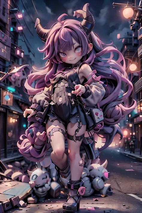 ankle strap pumps, bad luck horned girl, jinx horned girl, mischievous smile, dancing on the street, city in disaster at background, nighttime, dynamic action pose