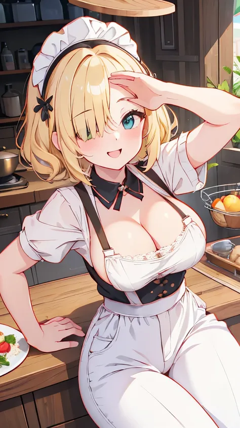 (best quality, highest quality, masterpiece), ultra high res, ,cute girls, (Shabby chef uniform:1.3), detailed short hair, curly hair, (wariza:1.2), pale-skinned, slim waist, (black cloth：1.25), (white long pants:1.3), fresh flowers, Green leaf headdress, ...