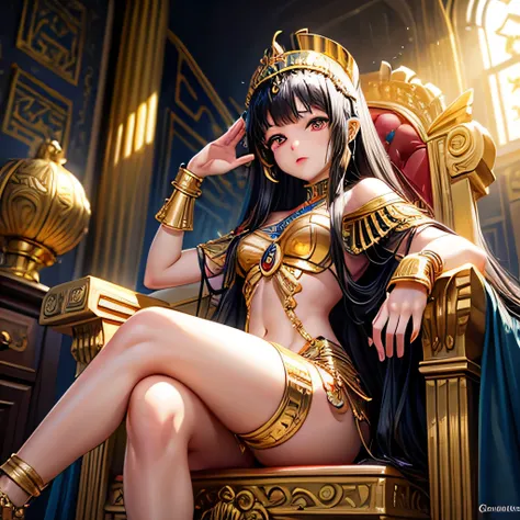 ((Best Quality)), ((masterpiece)), ( Details), Treasures are piling up、Cleopatra、Gold effect、throne、 sitting、 your legs are crossed、Gold clothing、Black Hair、 Gold Decor、Egypt