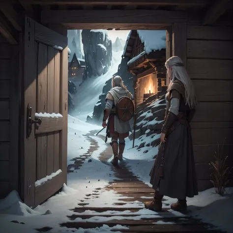 A young peasant woman in a long, poor dress stands in the doorway of a dark wooden hut.  She stares outside, following a distant Viking warrior who is walking along a snow-covered path over a cliff on the left and a rocky wall on the right, toward a fairy-...