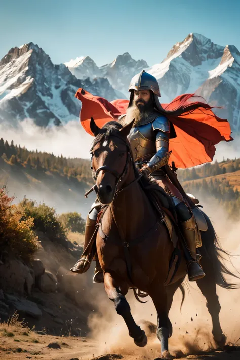 a fierce warrior riding a horse, long beard, wearing a war helmet, followed by a dozen battle-hardened warriors, autumn mountains in the background, (best quality,4k,8k,highres,masterpiece:1.2),ultra-detailed,(realistic,photorealistic,photo-realistic:1.37)...