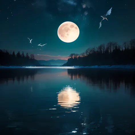 arafed view of a full moon with birds flying over the water, a picture by John Moonan, pixabay, digital art, beautiful moonlight, beautiful moonlight night, moon reflecting on the water, beautiful moon light, big moon above the water, night time moonlight,...