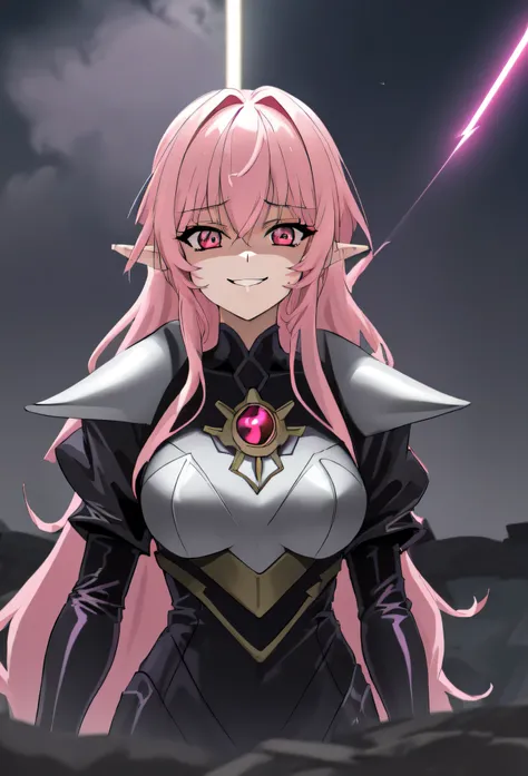 high quality, extremely detailed, perfect face,  new, long pink hair, (black latex bodysuit), steel pauldrons, steel breastplate, long ears, evil smirk, evil laugh, medium breasts, (dark and stormy skies, lightning)(masterpiece:1.0),(Highest_quality:1.0), ...