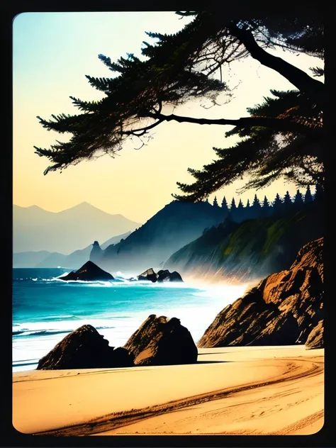 trees on the side of the beach, pacific northwest coast, oregon, mountains and ocean, california coast, by Doug Wildey, by Jim Nelson, by Etienne Delessert, by Ben Stahl, by Alexander Robertson, sand mists, by Greg Spalenka, pacific northwest, breath takin...