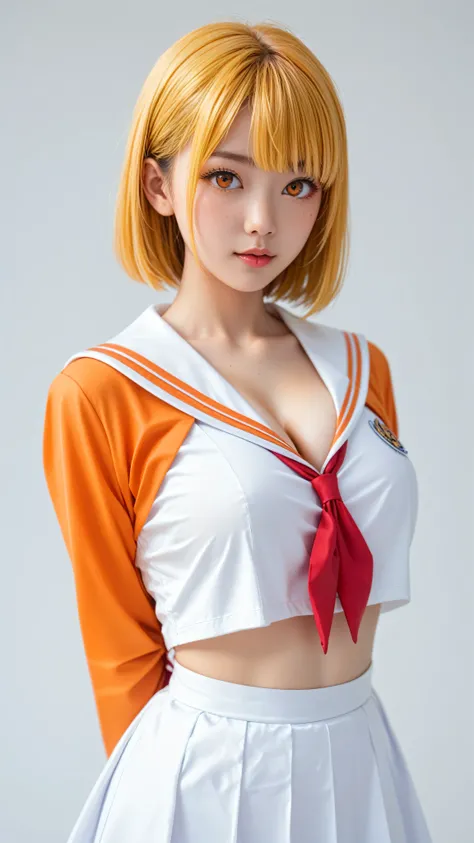 One young asian girl、Sailor suit, Excellent anatomy, masterpiece, bangs、freckles、high school girl、Slender、Slender body、sexy pose, yellow hair, big orange eyes, (anime), manga, 8ｋ, yellow hair, orange eyes, arms behind back, big breasts, cleavage, (solid ba...