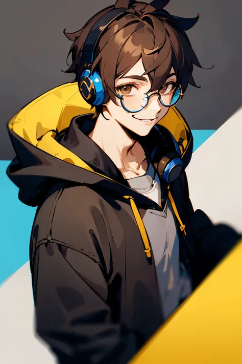 A dark brown haired cartoon male character with black glasses and brown eyes smiling with gamer headphones and black hoodie

