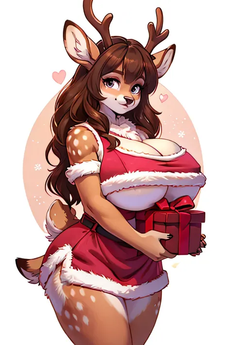 fawn brown fur with pink short curls with deer antlers , with huge breasts, on a white background, in a Christmas outfit, holding a gift in her hands, in a sexy pose