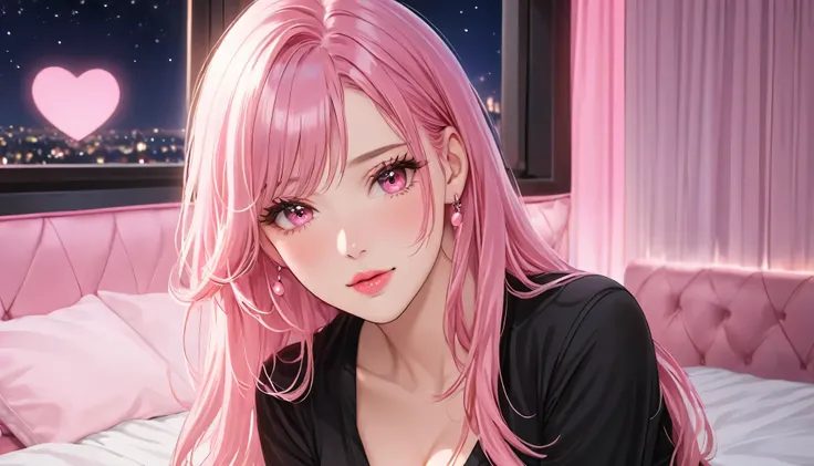 Mommy, Long Hair, light Pink Hair, pink eyes, Medium breasts, Blush, Adult, Pink Lip Gloss, night room, black shirt, High Resolution, Looking at viewer, HD