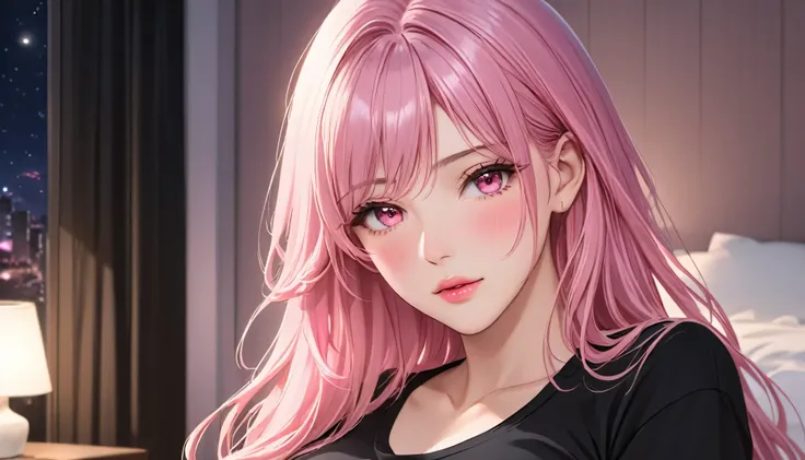 Mommy, Long Hair, light Pink Hair, pink eyes, Medium breasts, Blush, Adult, Pink Lip Gloss, night room, black shirt, High Resolution, Looking at viewer, HD