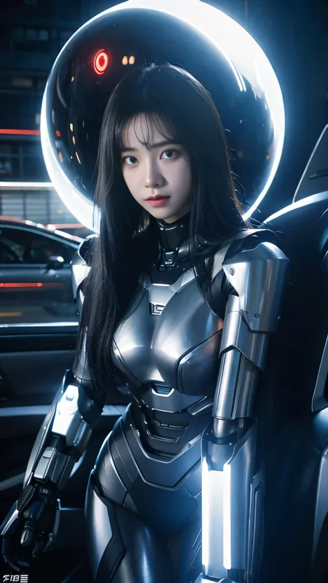 ((robot girl, mecha)), glowing eyes, delicate face, broken armor, mechanical aura, mechanical arm, gray hair, long hair, ceramic body, thigh gap, small breast, cyber background, very fine city, (translucent, reflective skin), 8k, best quality, ultra-detail...