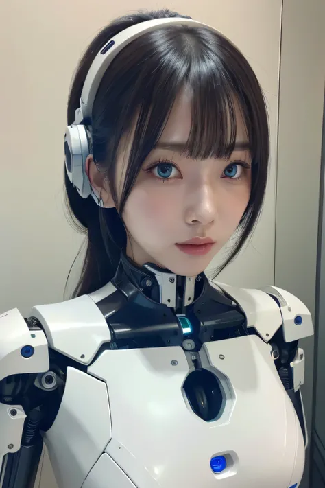 masterpiece, best quality, extremely detailed, Japaese Cyborg girl,Plump , control panels,android,Droid,Mechanical Hand, Robot arms and legs, Black Robot Parts,Black hair,Mechanical body,Blunt bangs,White robotics parts,perfect robot girl,long tube,thick ...
