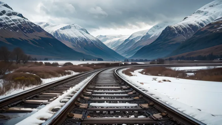 Flooded railway alongside loch, mangled rails poking into the air, Scottish mountains, snow, overcast