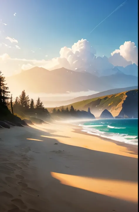 trees on the side of the beach, a matte painting by Doug Wildey, flickr, renaissance, pacific northwest coast, oregon, mountains and ocean, california coast, sand mists, pacific northwest, breath taking, beach on the outer rim, “ ethereal, coastline, hills...