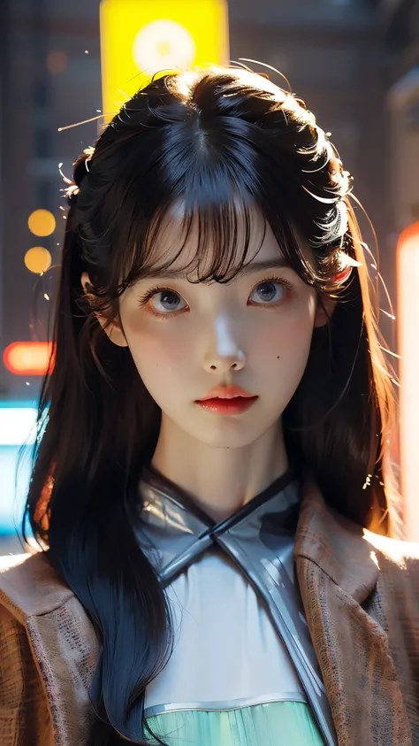 (masterpiece, highest quality, highest quality, Official Art, beautifully、aesthetic:1.2)、Portrait Photography、 (Cyberpunk fashion beautiful girl 1 person)、Big iridescent eyes、Beautiful skin、Expressionlesoderate breast size、（Pink and blue long hair with ban...