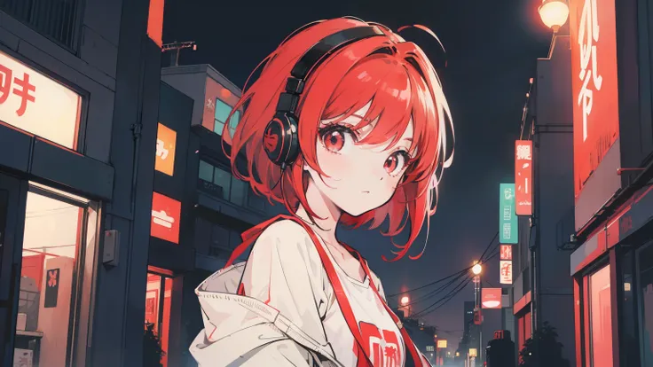  cute girl、Red Hair、Bob Hair、 Red Eyes、 wear headphones、Look back and see this、 Anime Style 、A scene from the anime、Night City