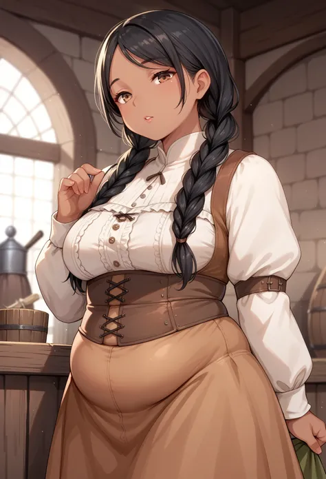 anime girl, long black hair in pigtails, brown eyes, brown skin, chubby, wearing short medieval clothes, medieval background