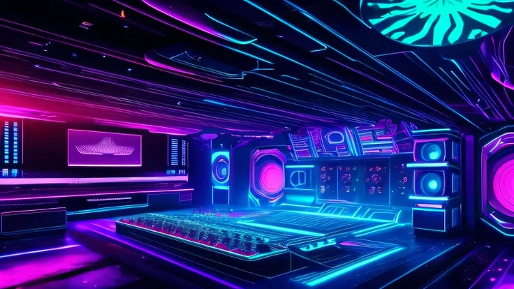 a close up of a stage with speakers and lights, nightclub background, audio equipments, many speakers, stage speakers, coherent symmetrical artwork, dj, futuristic room background, background artwork, audiophile, huge speakers, artwork, elaborate stage eff...