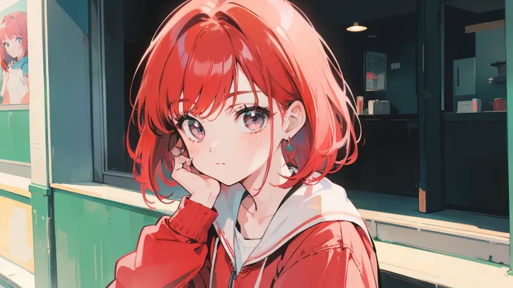  cute girl、Red Hair、Bob Hair、A scene from the anime、Beautiful background