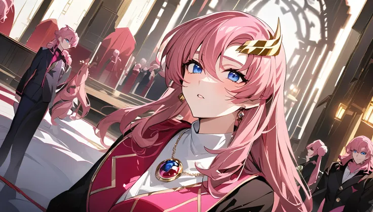 ((Highest quality)), ((masterpiece)), (detailed), （Perfect Face）、The woman is Lacus Clyne, a shrine maiden of the evil god and the wife of the leader of the evil god cult. She has blue eyes, medium-long pink hair, a hair ornament, and is wearing the suspic...
