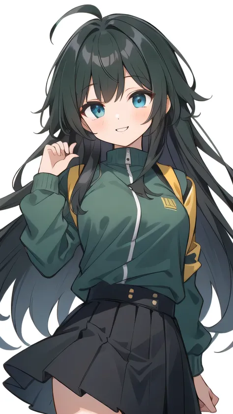 Junior high school student who looks like an elementary school student, , very short, 140 cm tall, black hair with a slight green tinge, short ahoge, beautiful long hair but with a little hair sticking out, beautiful round eyes, blue eyes, smile, boyish, l...