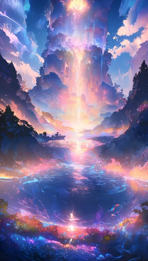 baptism,baptism,Garden of Eden,showy,Dream Landscape , cloud, light piercing through the cloud,  Reflection on the surface of the water, gentle waterfall,flower々,calm atmosphere, Rich in detail, surreal beauty, magical aura,  Fantasy landscape , High quali...