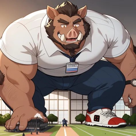 gekrakeltes wild boar-Gesicht,Humanity  (wild boar),pummelig,(  black eyebrows :1.1),(perfect eyes),Light brown fur ，（artist:takemoto arashi),（collar:1.3）， standing, sneakers，（  Black beard  :1.3），（Civilian clothes:1.3,) wild boar,(Massiv:3.0, (  heavyweig...