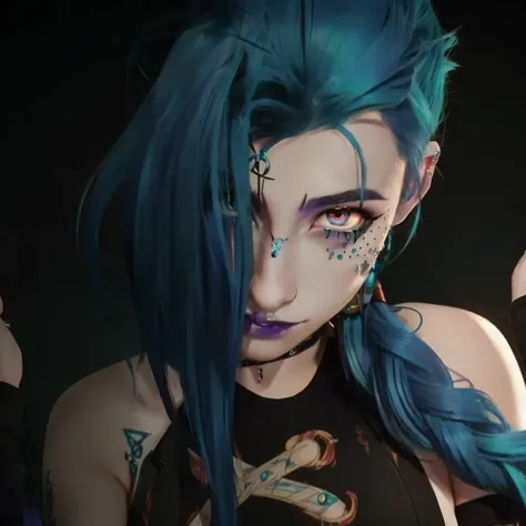 anime - style image of a woman with blue hair and piercings, portrait of jinx from arcane, anime girl with teal hair, jinx from arcane, jinx from league of legends, jinx face, artwork in the style of guweiz, jinx expression, morrigan, arcane jinx, girl wit...