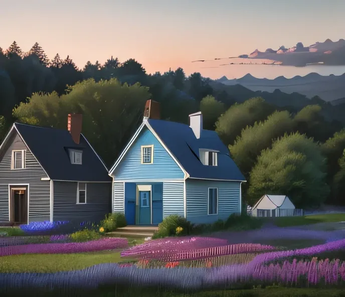 A blue house on a flowery pasture at dusk with white horses