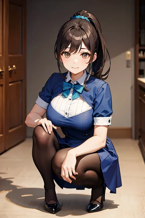 1 crouching adult woman, brunette ponytail hairstyle, brown eyes, medium breasts, blue waitress dress, short blue skirt, black tights, black high heel, smiling face, full body image