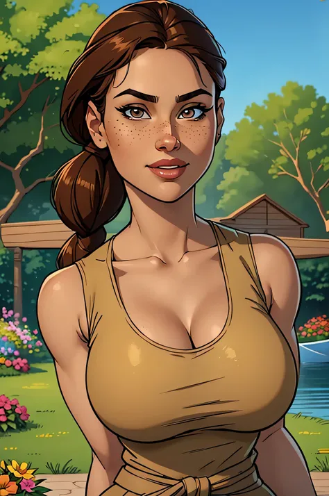 ( Absurd,  high quality, Ultra Detailed,  watch out for your hand  )  close up for a thin and athletic woman (Lara Croft), 25 years, 8k ((  high definition  )), beautiful smile, seductive look,  brown eyes, nose fine, wearing a blue t-shirt (( Canoe-like n...