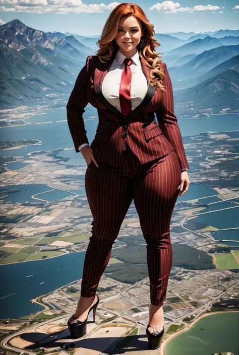 10 miles tall curvy bbw woman with a beautiful smile, bigger than a giant city, curvaceous figure, natural breast, and long wavy bright red hair with blonde highlights, with a curvaceous figure and massive breasts. wearing the finest light grey pinstripe t...