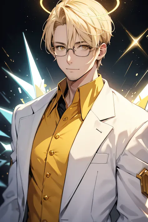 Happy, tall man, 30 years old, short blond hair, glasses, yellow eyes, lab coat, halo with sharp spikes floating over his head, white background