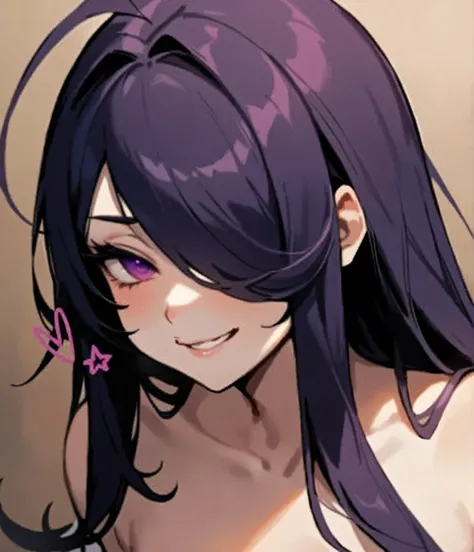 Anime girl with long black hair and purple eyes,  Ilya Kuvshinov with breathtaking long hair , Ilya Kuvshinov, sensual smile, rosto de Ilya Kuvshinov, ahegao, ahegao face, [[[[ smiling maliciously]]]], kuvshinov, Kuvshinov Ilya, extremely detailed artgerm,...