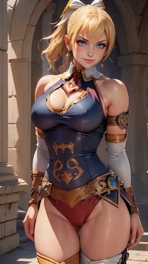 Cassandra Alexander da Soulcalibur,(best quality, 4K,8k,high resolution,work of art:1.2)(weather: sunrise), greek city background, greek temple, wide hips, short curly hair, ponytail hair, blonde hair, hair ribbon, freckles, long coat, micro shorts, belt, ...