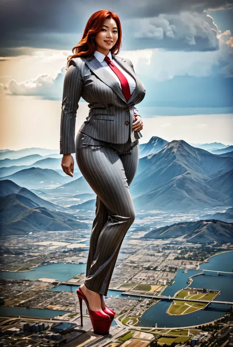 10 miles tall curvy asian woman with a beautiful smile, bigger than a giant city, curvaceous figure, natural breast, and long wavy bright red hair with blonde highlights, with a curvaceous figure and massive breasts. wearing the finest light grey pinstripe...