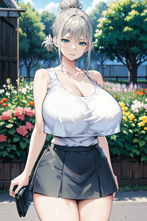 gray hair, (((very huge tits  )))  , ((white tank top, short skirt, )), thick, ((busty)), blue eyes,  hair bun, upperbody, smile...