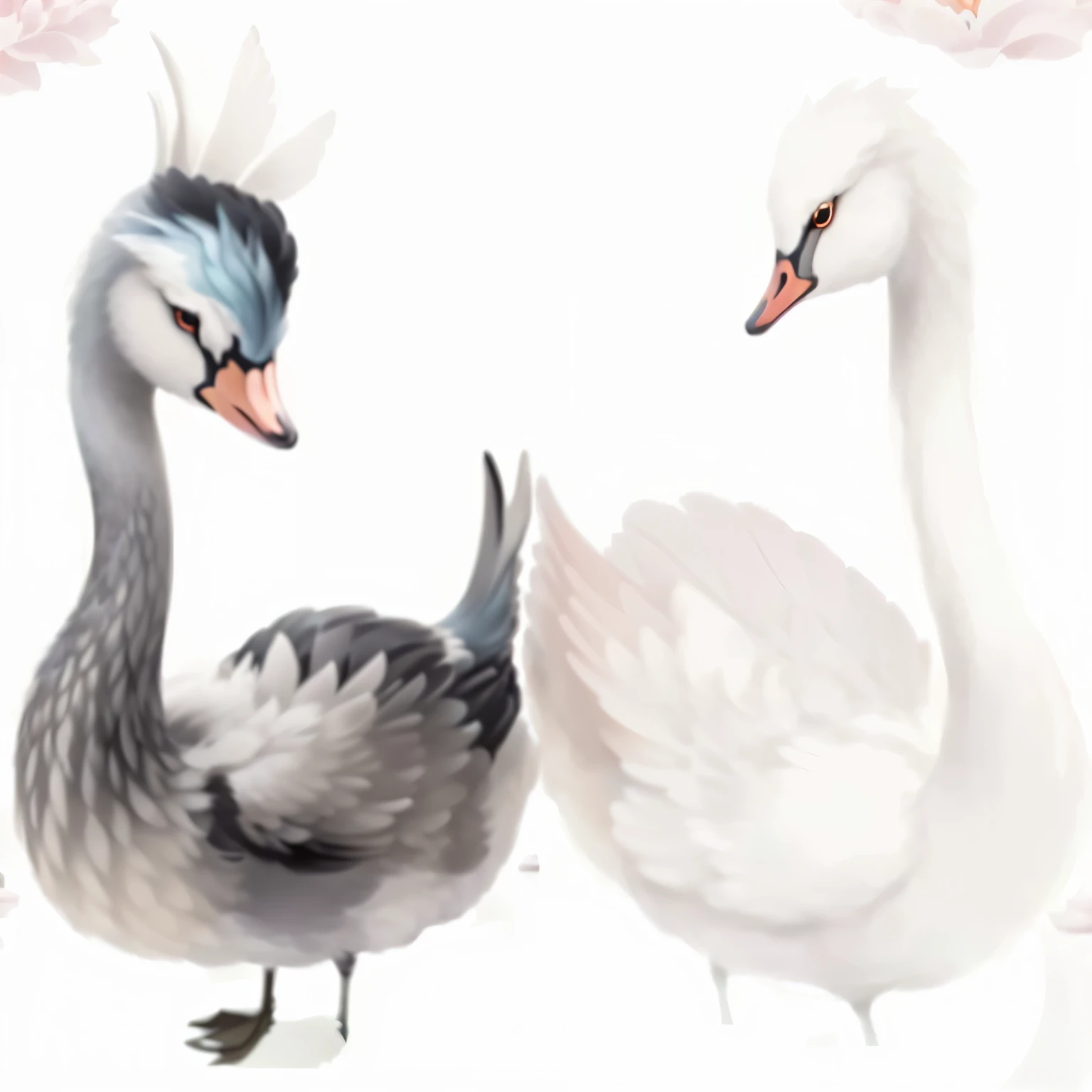 there are four Swans that are standing together on the water,  Fairytale animals , Swans,  beautiful animal pearl queen ,   similar to Kemono!, swanland,  illustrated in whimsical style, aww, black Swans,  peaceful and graceful , two Swans swimming on the ...