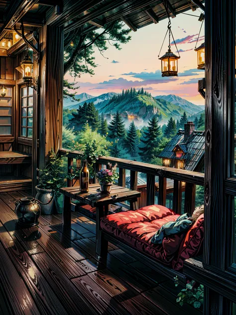 painting of a couch sitting on top of a wooden deck, cozy night fireflies, cozy and peaceful atmosphere, cozy atmosphere, soothing and cozy landscape, rainy evening, pleasant cozy atmosphere, cozy home background, cosy atmosphere, cozy place, at evening du...