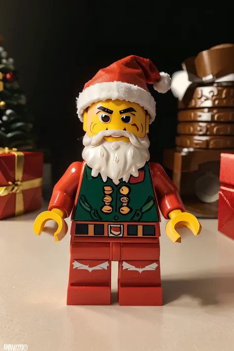 create a christmas card with lego minifigure. there should be lego minifigure whcich whears santas outfit and hat, minifigure has smile on its face. looking simmillar to a lego minifigure. masterpiece