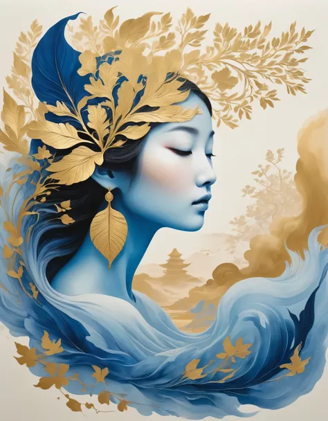 (gold and blue leaf art:1.5)，sad woman holding a dead  in her arms , A black and gold-rimmed giant hand fell from the sky, Dunhuang murals as background, minimalist, line art, From front and center to ghostly smoke, Transition from entity to ghost, Smart, ...