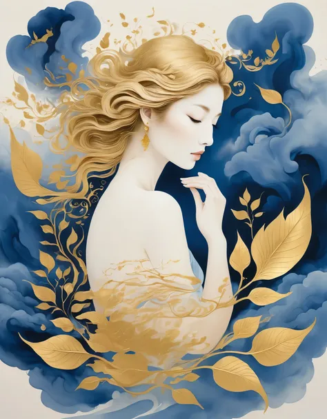 (gold and blue leaf art:1.5)，sad woman holding a dead  in her arms , A black and gold-rimmed giant hand fell from the sky, Dunhuang murals as background, minimalist, line art, From front and center to ghostly smoke, Transition from entity to ghost, Smart, ...