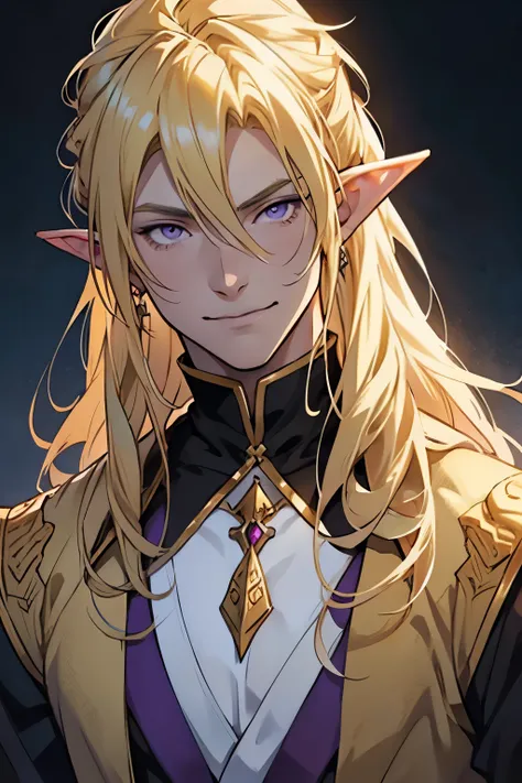 anime - style image of a young prince with purple eyes and blonde hair, elf ears, blonde hair, blonde hair, a portrait of a male prince, beautiful male prince, a male prince, portrait of a young prince, handsome guy in demon slayer art, male, young, beauti...