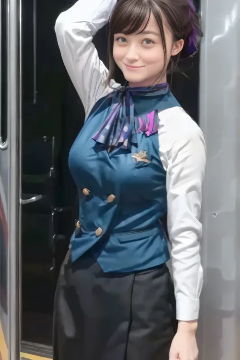 (masterpiece:1.2, Best Quality:1.2), 32kHDR,  kampala, (Alone、  1 girl)、（What is 、 Professional Lighting）、In-flight background、（Nankai Train crew uniformを着たリアルなスタイル）、（（  Nankai Train Crew Uniform Collarless Blouse Long Sleeve 、 Black Curled Culottes Skirt ...