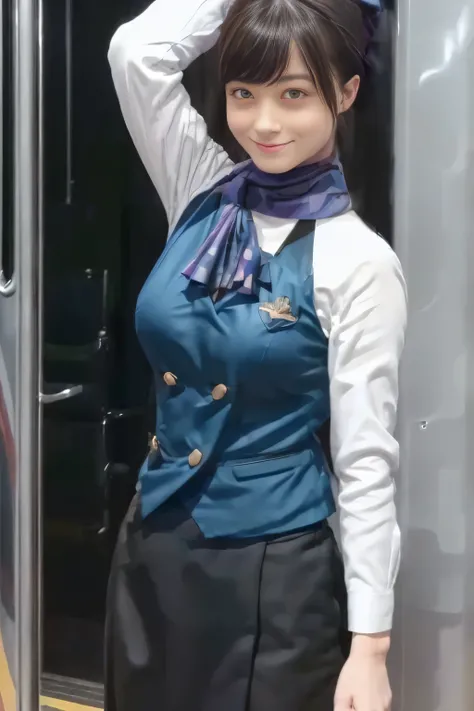 (masterpiece:1.2, Best Quality:1.2), 32kHDR,  kampala, (Alone、  1 girl)、（What is 、 Professional Lighting）、In-flight background、（Nankai Train crew uniformを着たリアルなスタイル）、（（  Nankai Train Crew Uniform Collarless Blouse Long Sleeve 、 Black Curled Culottes Skirt ...